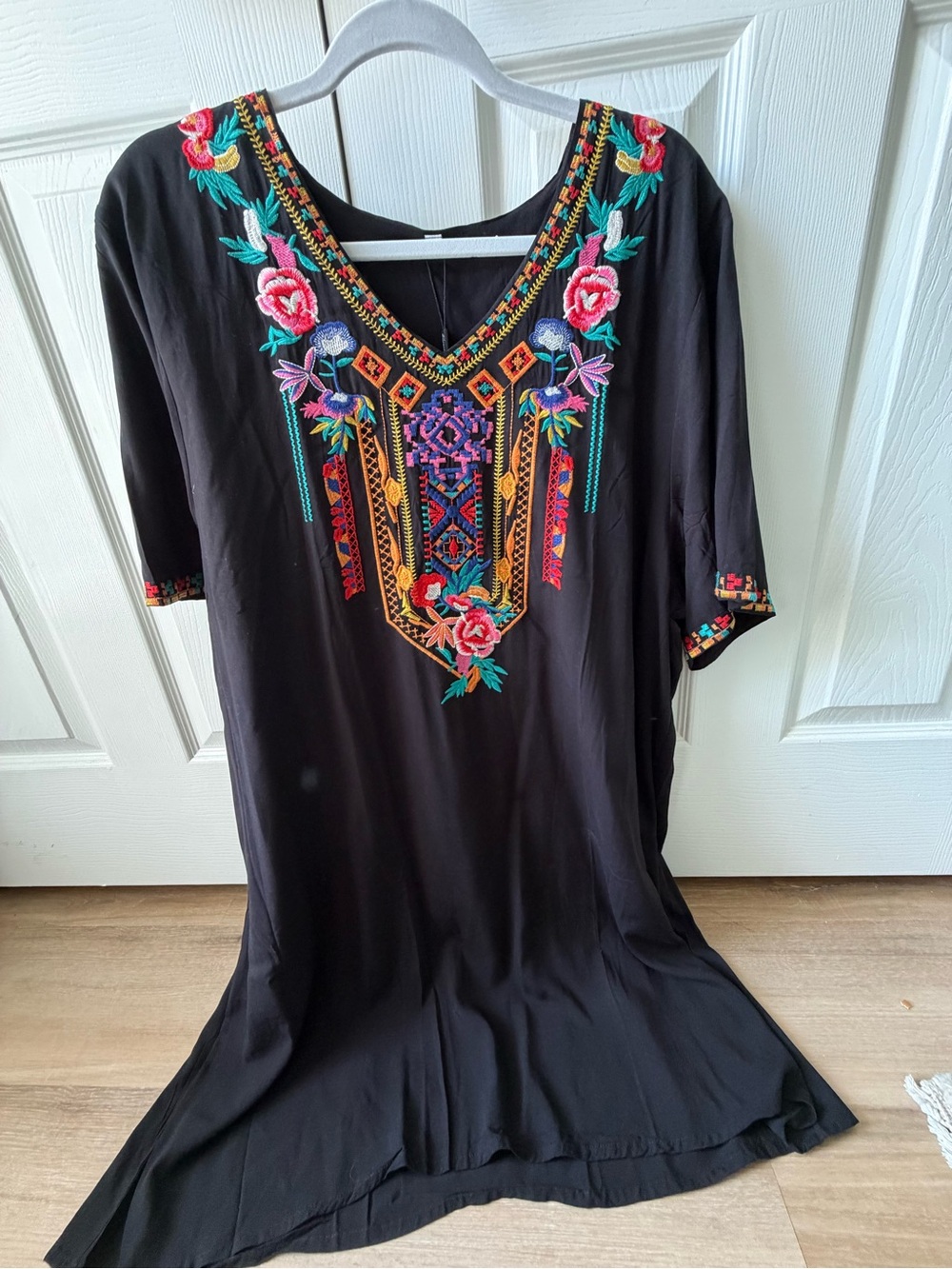 Black Embroidered V-Neck dres with Multicolor Floral Detail